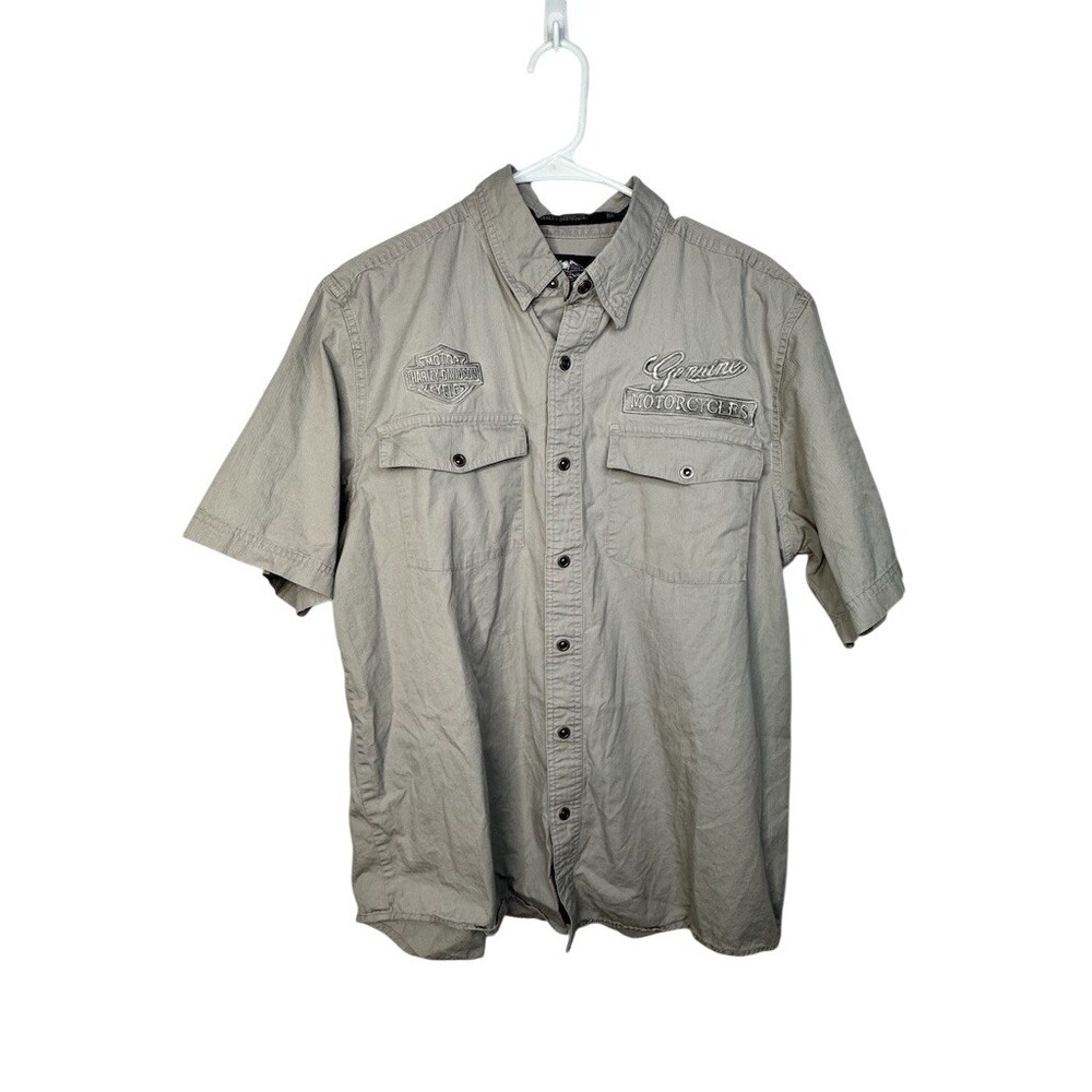 Harley-Davidson Button-Up Shirt Mens L Gray Short Sleeve Embroidered Logo